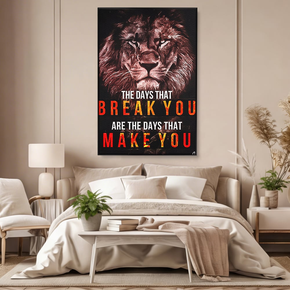 Tablou canvas cu tablou canvas cu leu si mesaj motivational, in rama de aluminiu negru, pe perete intr-un dormitor